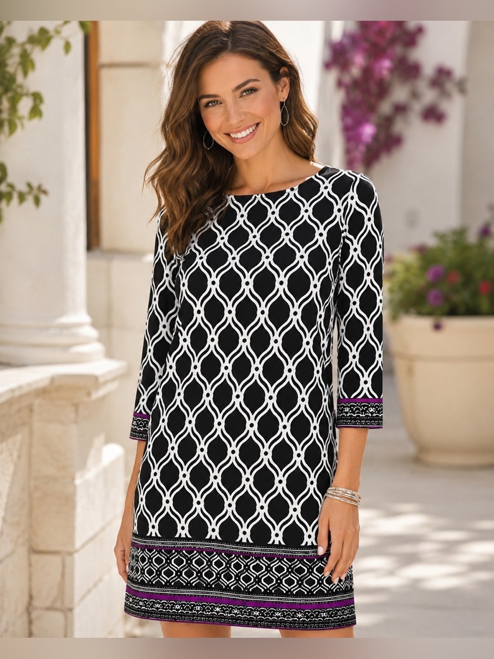 White House Black Market S Black White Geometric Shift Dress Purple Accent Trim